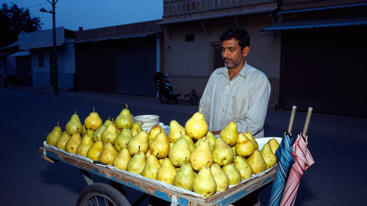 Jaipur blue hour street scene with vendor selling pears and umbrellas in in Jaipur, India