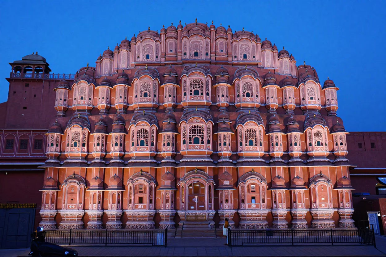 Jaipur Evening Blue Hour Traditional Pink Architecture and Local Street Life in in Jaipur, India
