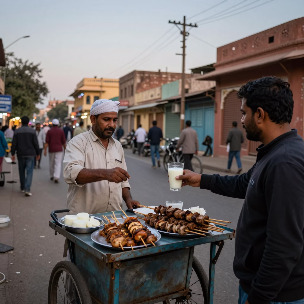 Jaipur Evening Street Scene with Ayran and Kebab Near Pink Sandstone Architecture in in Jaipur, India