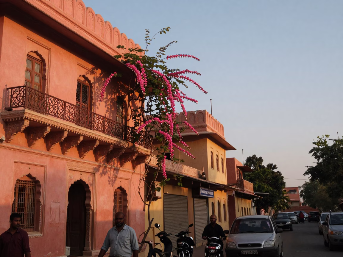 Jaipur Evening Street Scene with Bleeding Heart Vine and Traditional Architecture in in Jaipur, India
