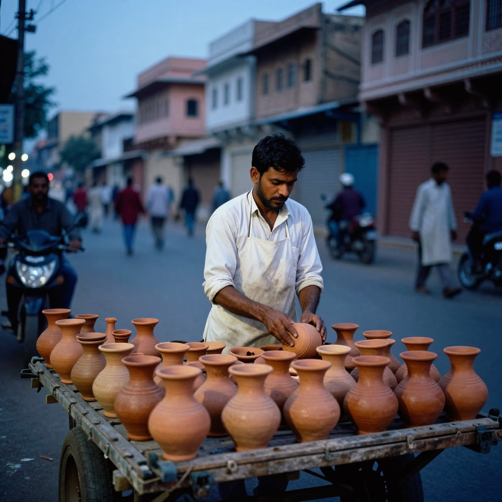Jaipur Evening Street Scene with Clay Pots and Aprons in Blue Light in in Jaipur, India