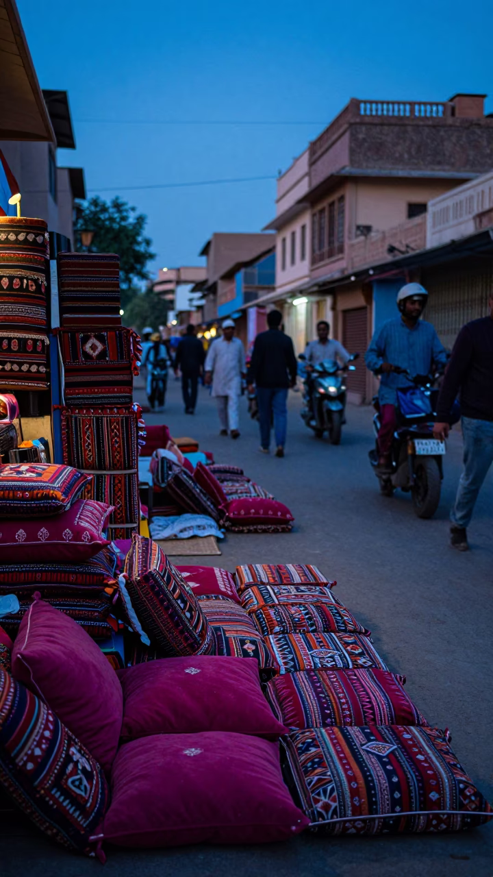 Jaipur Evening Street Scene with Colorful Cushions and Local Commerce in Blue Hour Light in in Jaipur, India