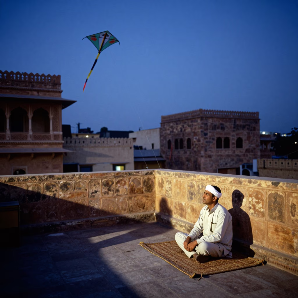 Jaipur Evening Street Scene with Kite Reel and Traditional Architecture in Blue Light in in Jaipur, India