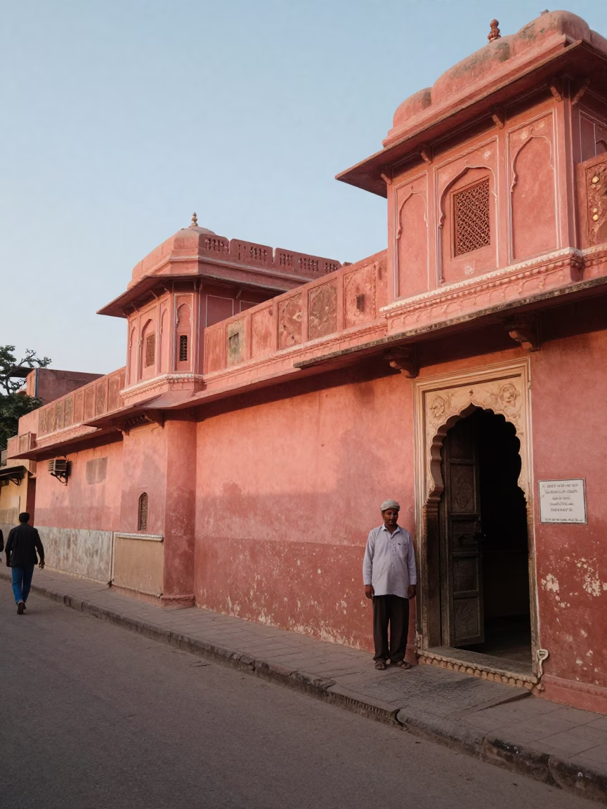 Jaipur Evening Street Scene with Lassi and Pink Haveli Architecture in Honeyed Light in in Jaipur, India