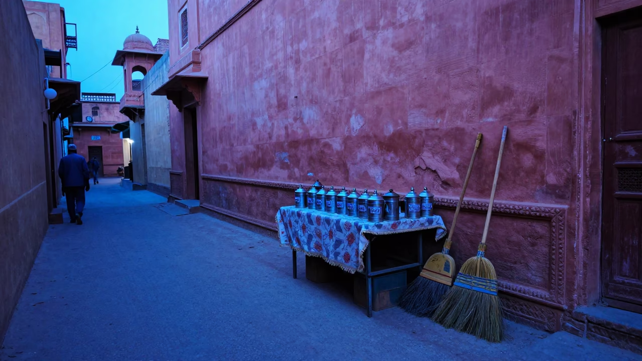 Jaipur evening street scene with tea canister and brooms in twilight in in Jaipur, India