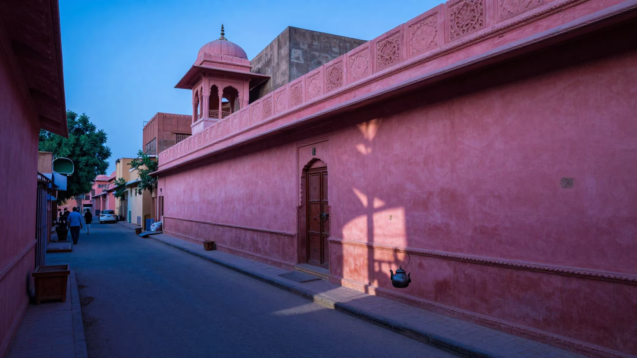Jaipur Evening Street Scene with Tea Kettle and Pink Haveli Architecture in in Jaipur, India