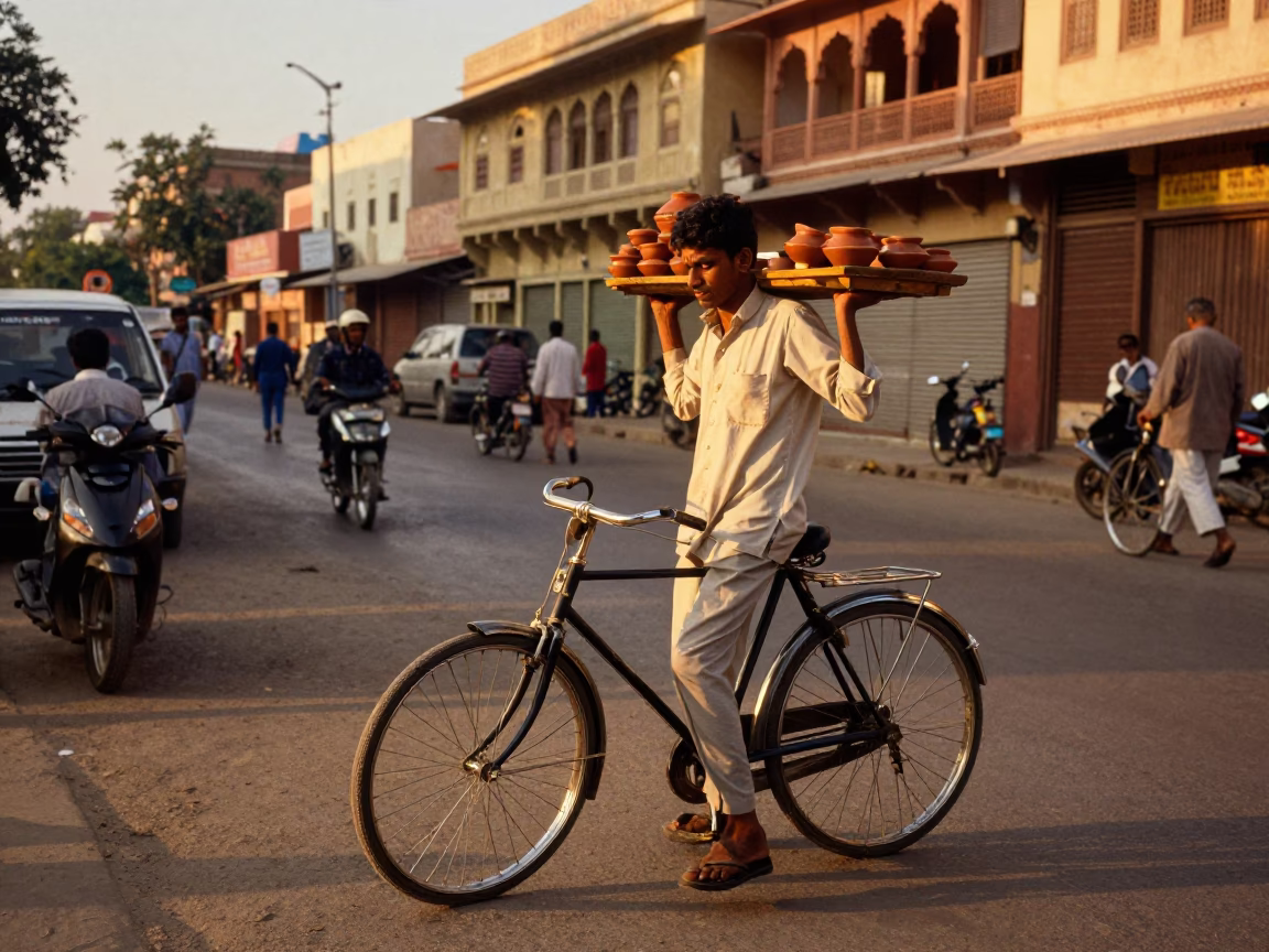 Jaipur Evening Street Scene with Vintage Bicycle and Local Life in in Jaipur, India