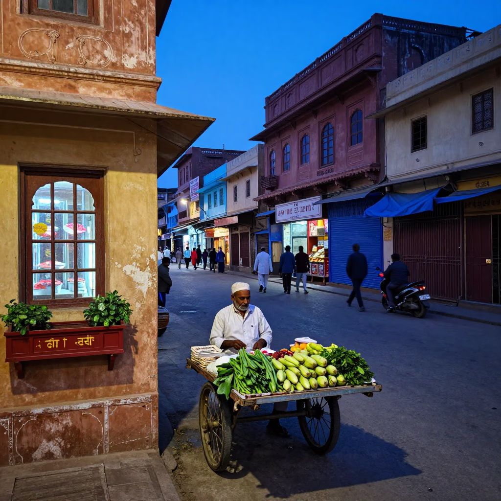 Jaipur Evening Street Scene with Window Box and Local Market Activity in 1960s India in in Jaipur, India