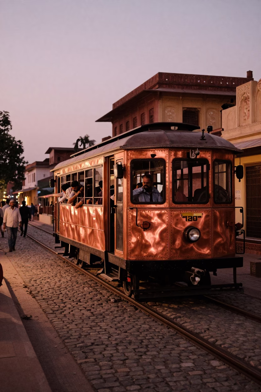 Jaipur Heritage Tram on Cobblestone Avenue in Copper-Toned Dusk Light in in Jaipur, India