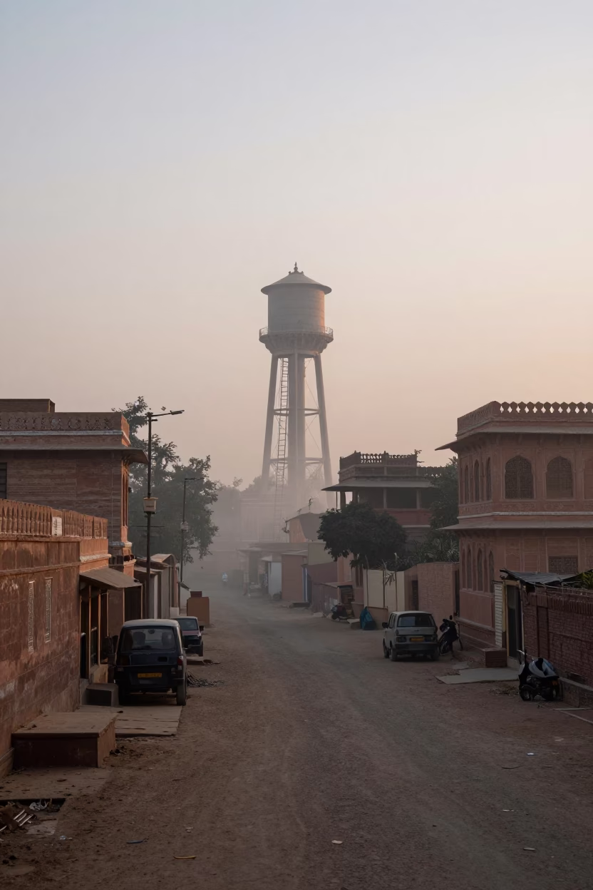 Jaipur India before dawn with water tower ladder and misty morning street scene in in Jaipur, India