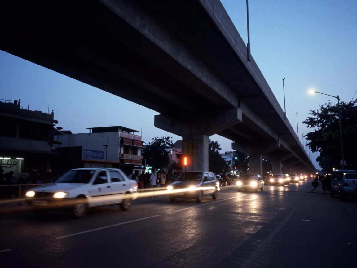 Jaipur India Blue Hour Street Scene Under Concrete Flyover with Taper Candle in in Jaipur, India