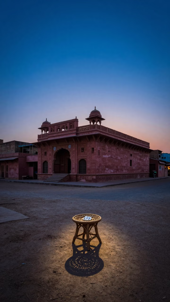 Jaipur India Blue Hour Street Scene with Wicker Stool Shadow and Date Palm Clusters in in Jaipur, India