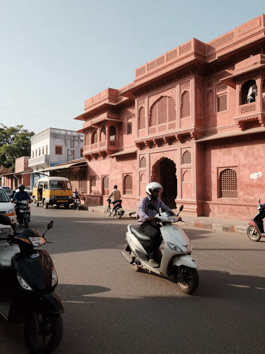 Jaipur India early afternoon street scene with scooter and local market architecture in in Jaipur, India