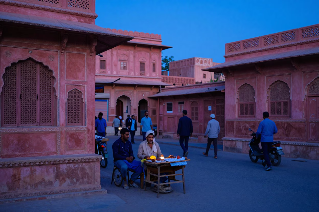 Jaipur India Evening Blue Hour Street Scene with Local Vendor and Traditional Architecture in in Jaipur, India