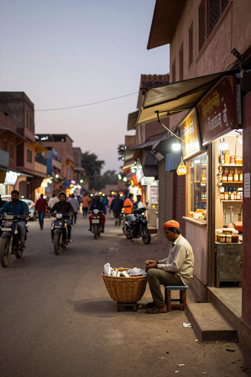 Jaipur India Evening Street Scene With Basket Vendor And City Lights Glow in in Jaipur, India