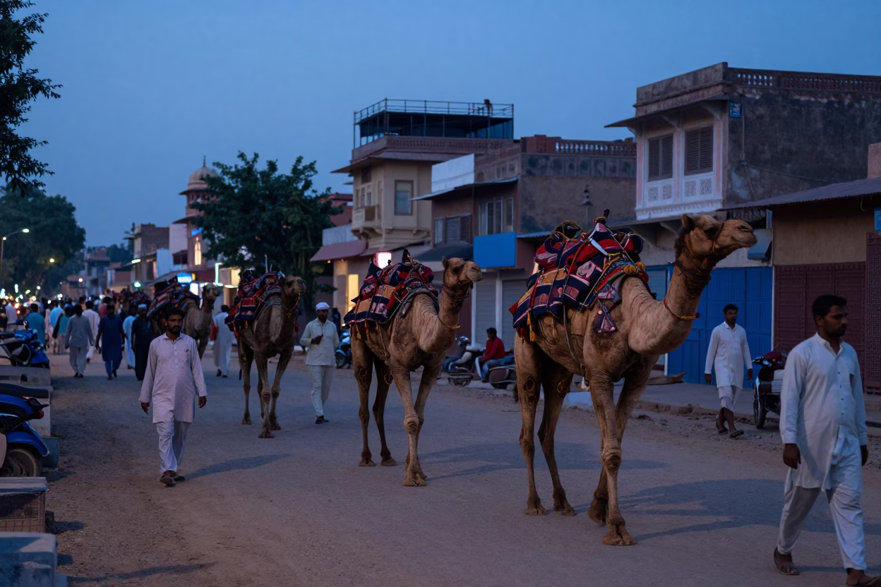 Jaipur India Evening Street Scene with Camel Caravan and Traditional Architecture in Indigo Twilight in in Jaipur, India