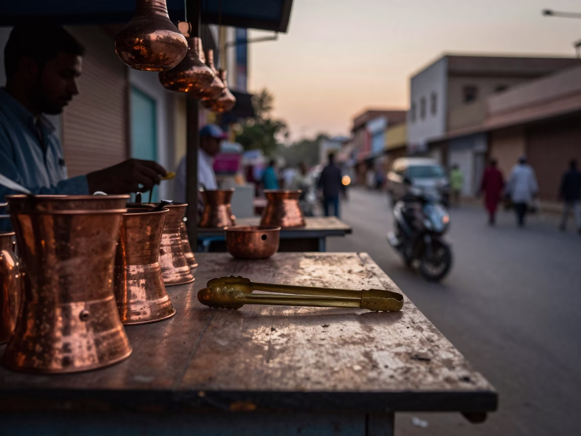 Jaipur India Evening Street Scene with Copper Utensils and Local Life in in Jaipur, India