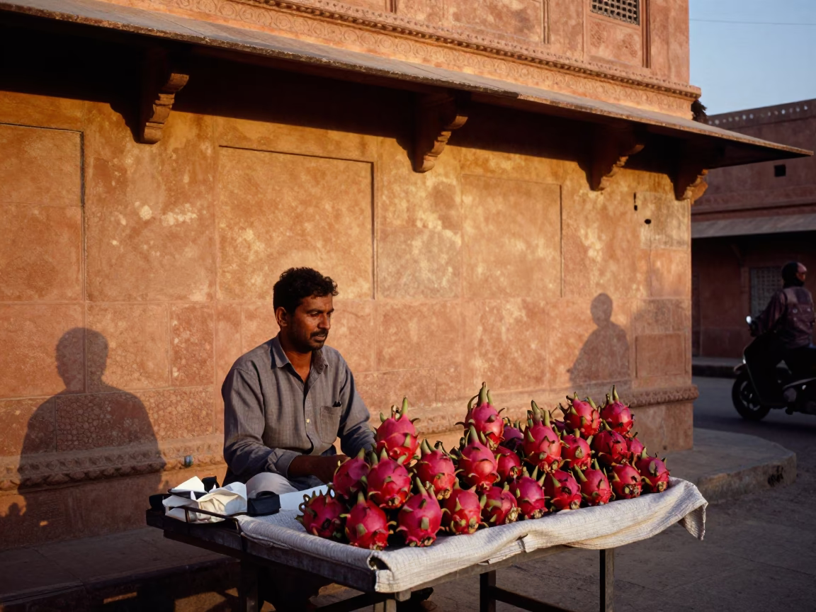 Jaipur India Evening Street Scene with Dragon Fruit Vendor and Pink Sandstone Architecture in in Jaipur, India