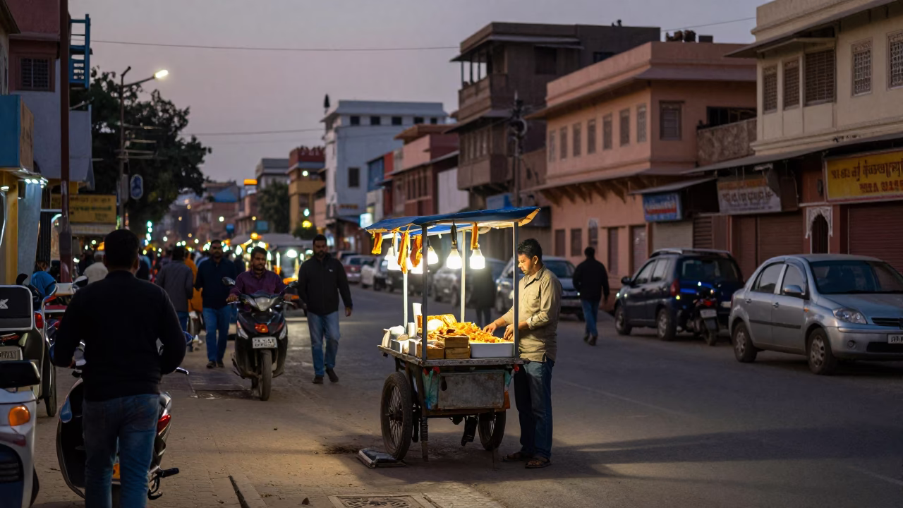 Jaipur India evening street scene with food vendor and city lights in in Jaipur, India