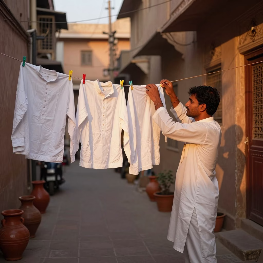 Jaipur India Evening Street Scene with Laundry Pins and Traditional Architecture in in Jaipur, India