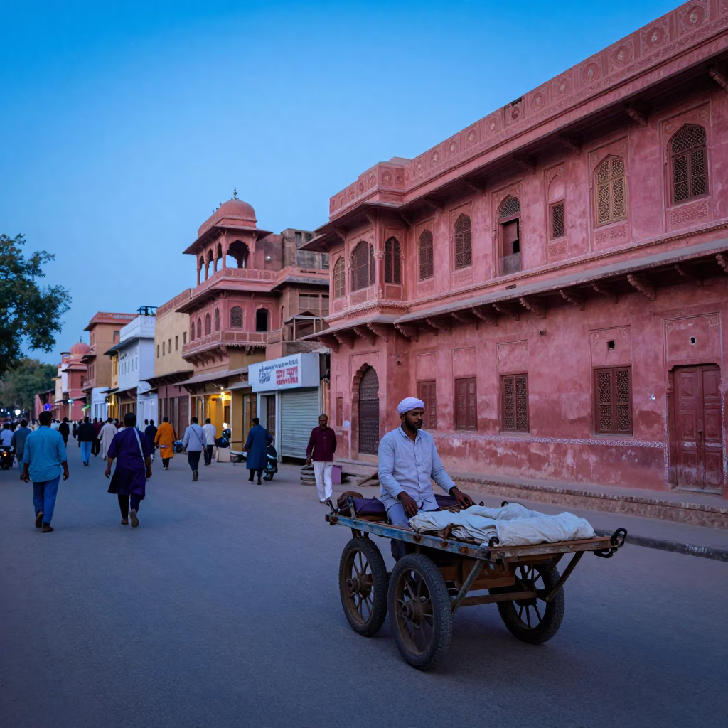 Jaipur India Evening Street Scene with Local Vendor and Traditional Architecture in in Jaipur, India