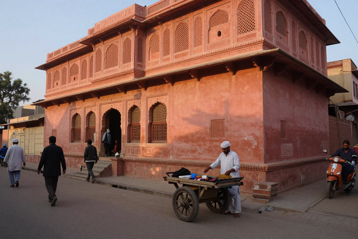 Jaipur India Evening Street Scene with Local Vendors and Traditional Architecture in in Jaipur, India