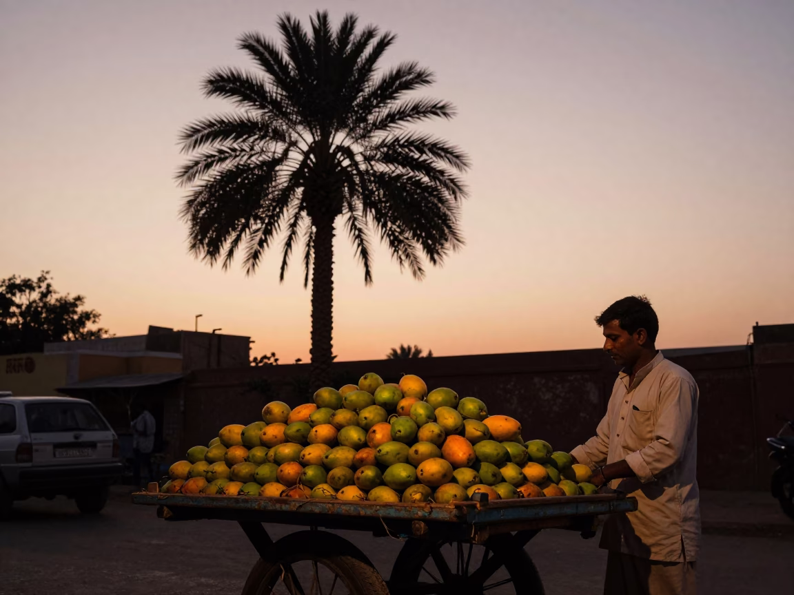 Jaipur India Evening Street Scene with Mangoes and Palm Silhouettes in in Jaipur, India
