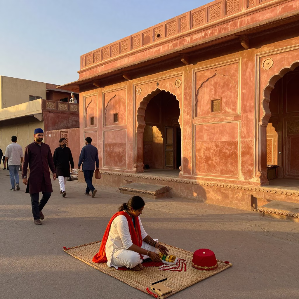 Jaipur India Evening Street Scene with Mehndi Artist and Traditional Pink Architecture in in Jaipur, India