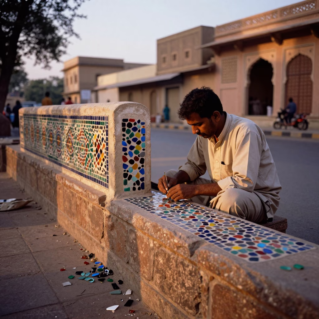 Jaipur India Evening Street Scene with Mosaic Artist and Traditional Architecture in in Jaipur, India