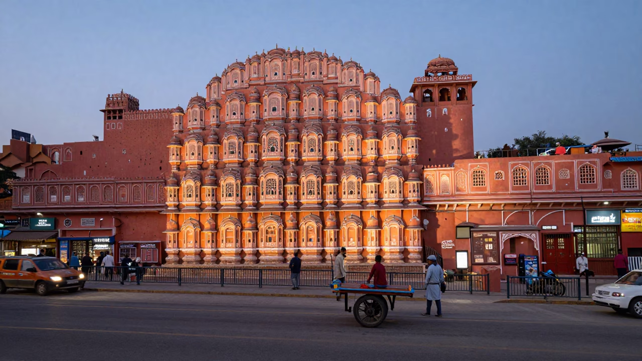 Jaipur India Evening Street Scene With Pink Sandstone Architecture And Local Market Activity in in Jaipur, India