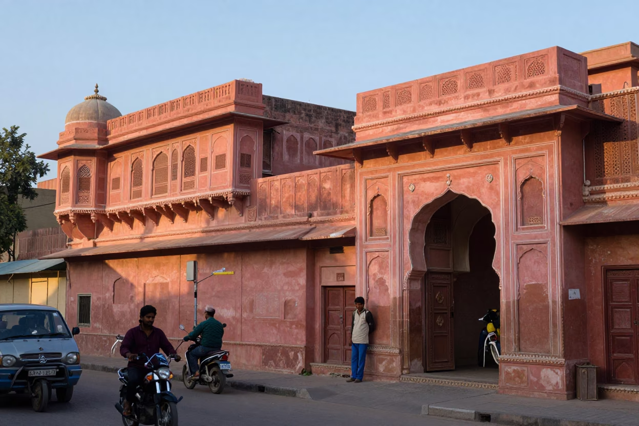 Jaipur India Evening Street Scene with Pink Sandstone Architecture and Local Vendors in in Jaipur, India