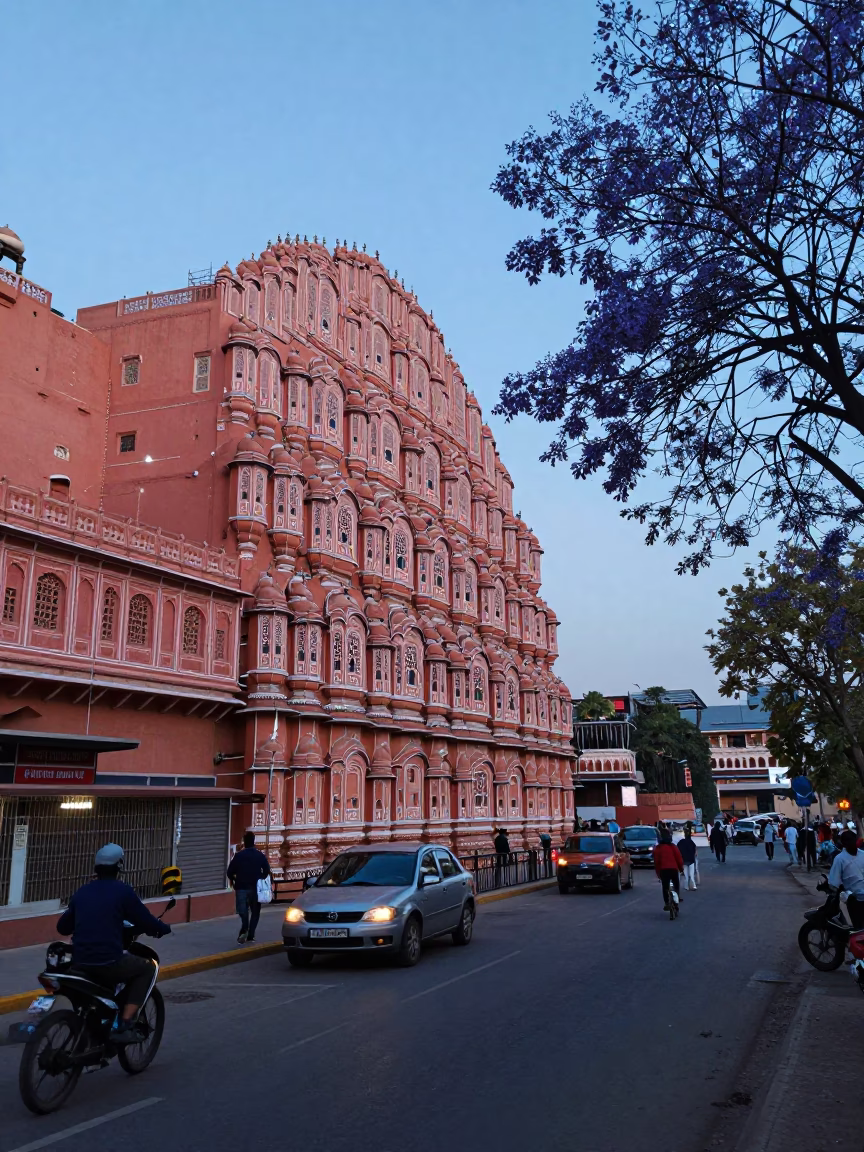 Jaipur India Evening Street Scene with Pink Sandstone Architecture and Purple Jacaranda Bloom in in Jaipur, India