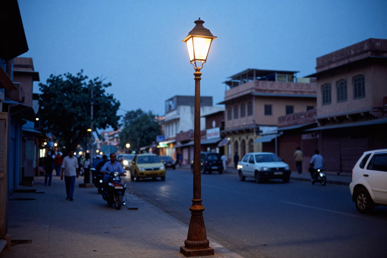 Jaipur India Evening Street Scene with Rusty Lamp and Fresh Citrus Peel in in Jaipur, India