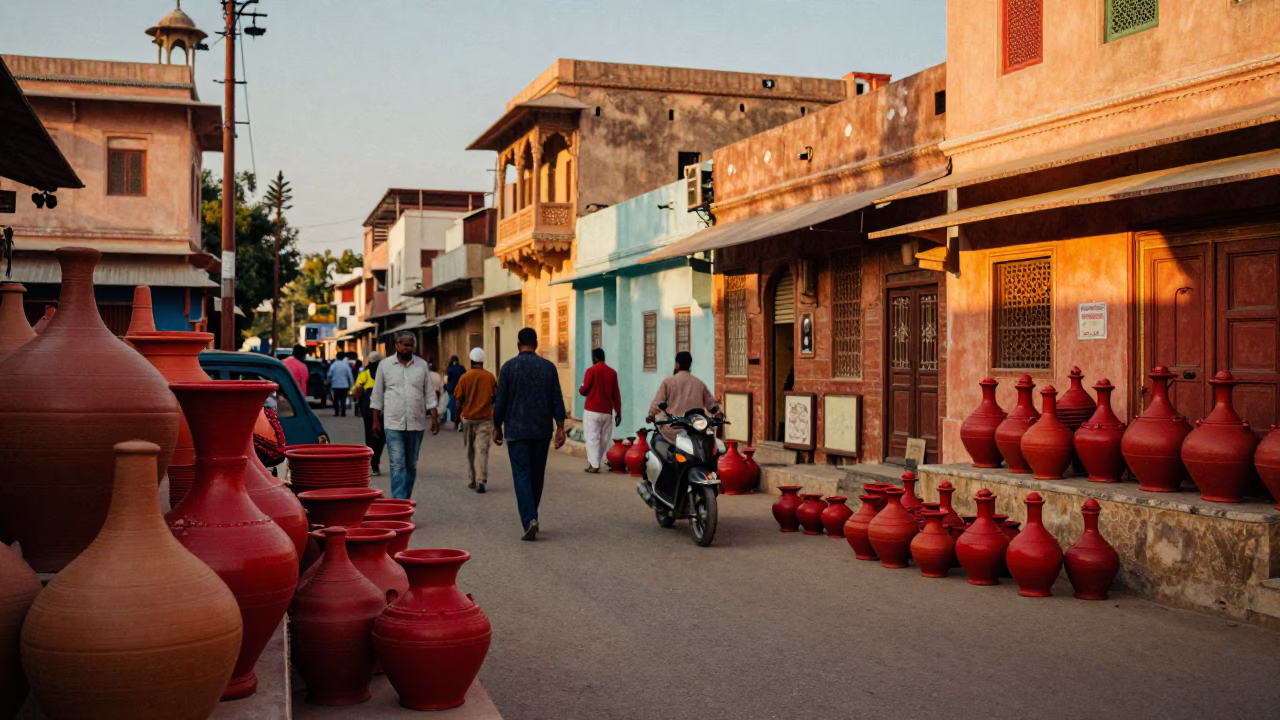 Jaipur India evening street scene with traditional pottery and colorful market stalls in in Jaipur, India