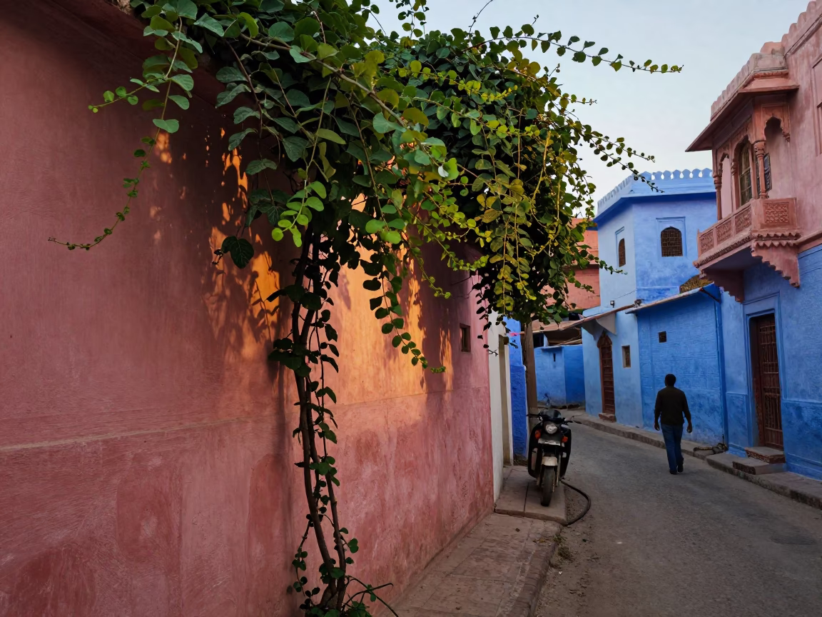 Jaipur India Evening Street Scene with Vine and Blue White Porcelain Plate in in Jaipur, India