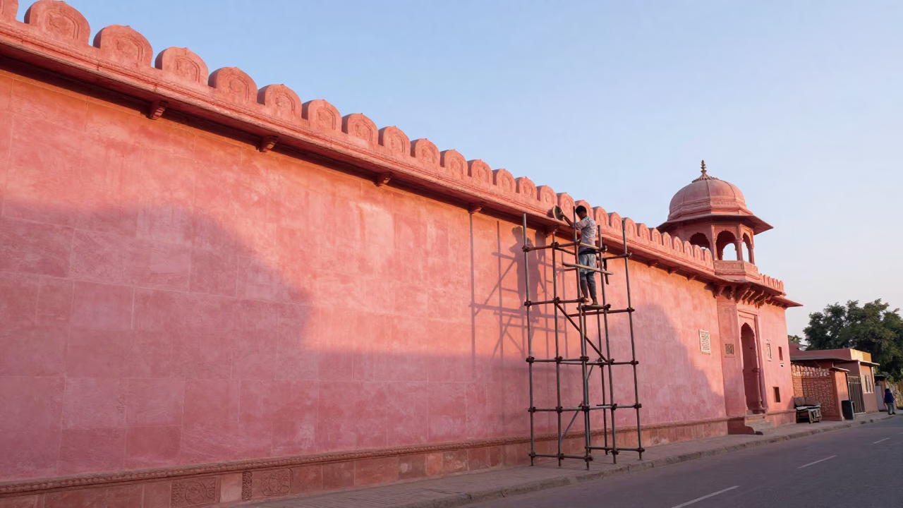 Jaipur India First Light Dawn Street Scene Mason Scaffolding and Traditional Architecture in in Jaipur, India
