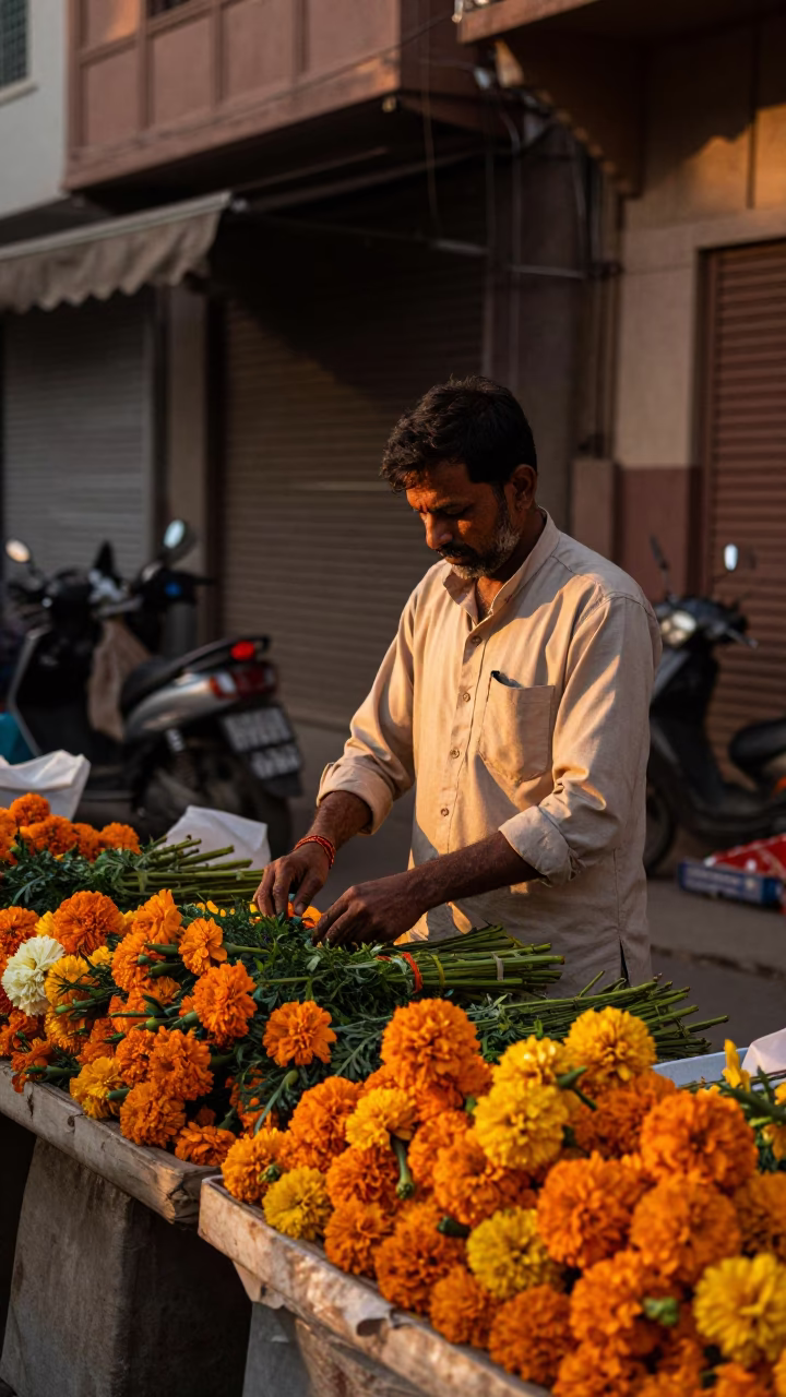 Jaipur India Honeyed Evening Light Street Scene with Florist and Paper Boat in in Jaipur, India