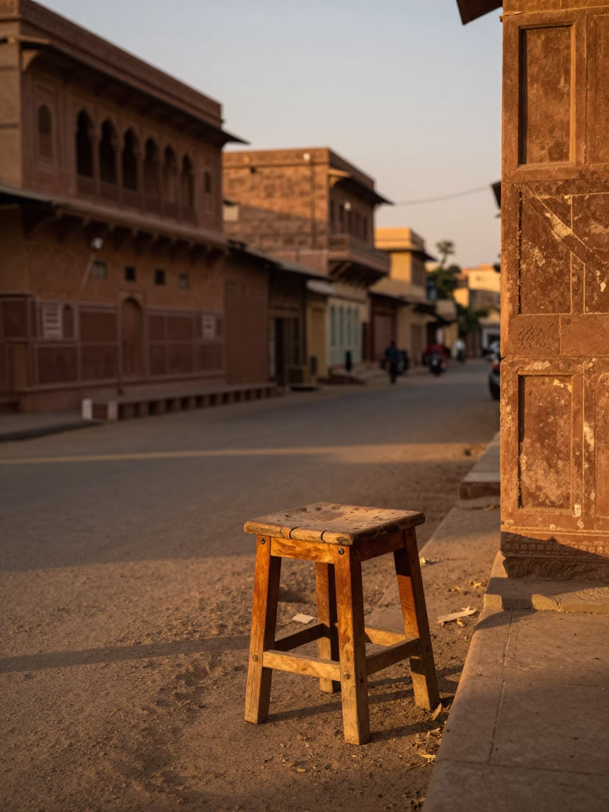 Jaipur India honeyed evening street scene with wooden stool and local architecture in in Jaipur, India