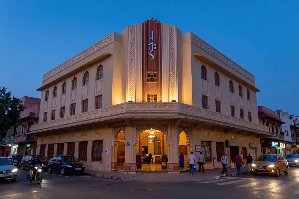 Jaipur India Indigo Twilight Art Deco Hotel Facade Street Life in in Jaipur, India