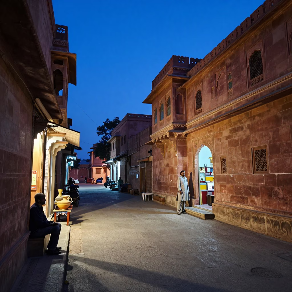 Jaipur India Indigo Twilight Street Scene with Ceramic Pitcher and Storage Tin in in Jaipur, India