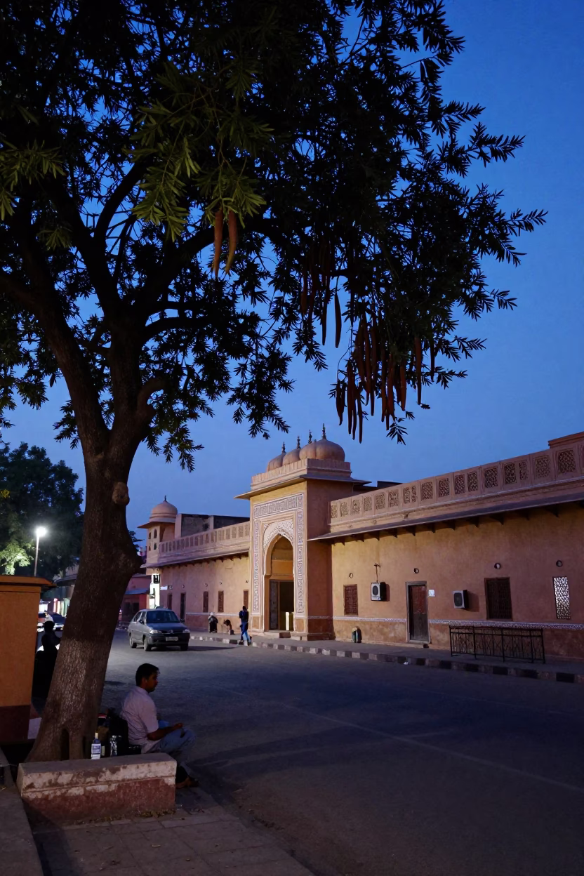 Jaipur India indigo twilight street scene with tamarind tree and heritage architecture in in Jaipur, India