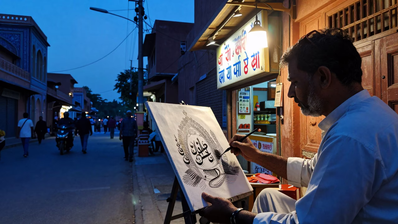 Jaipur India indigo twilight street scene with traditional calligraphy and local commerce in in Jaipur, India