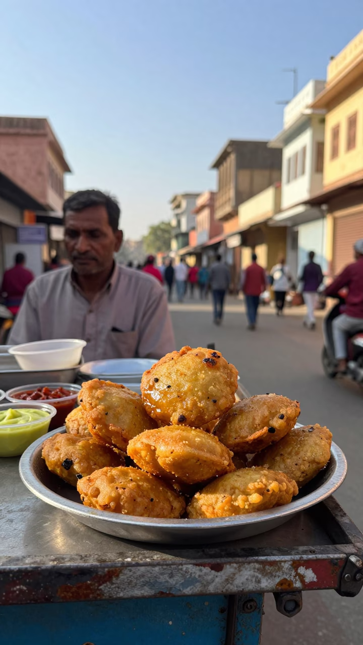 Jaipur India Late Afternoon Street Scene with Aloo Tikki Plate and Rusty Rail in in Jaipur, India
