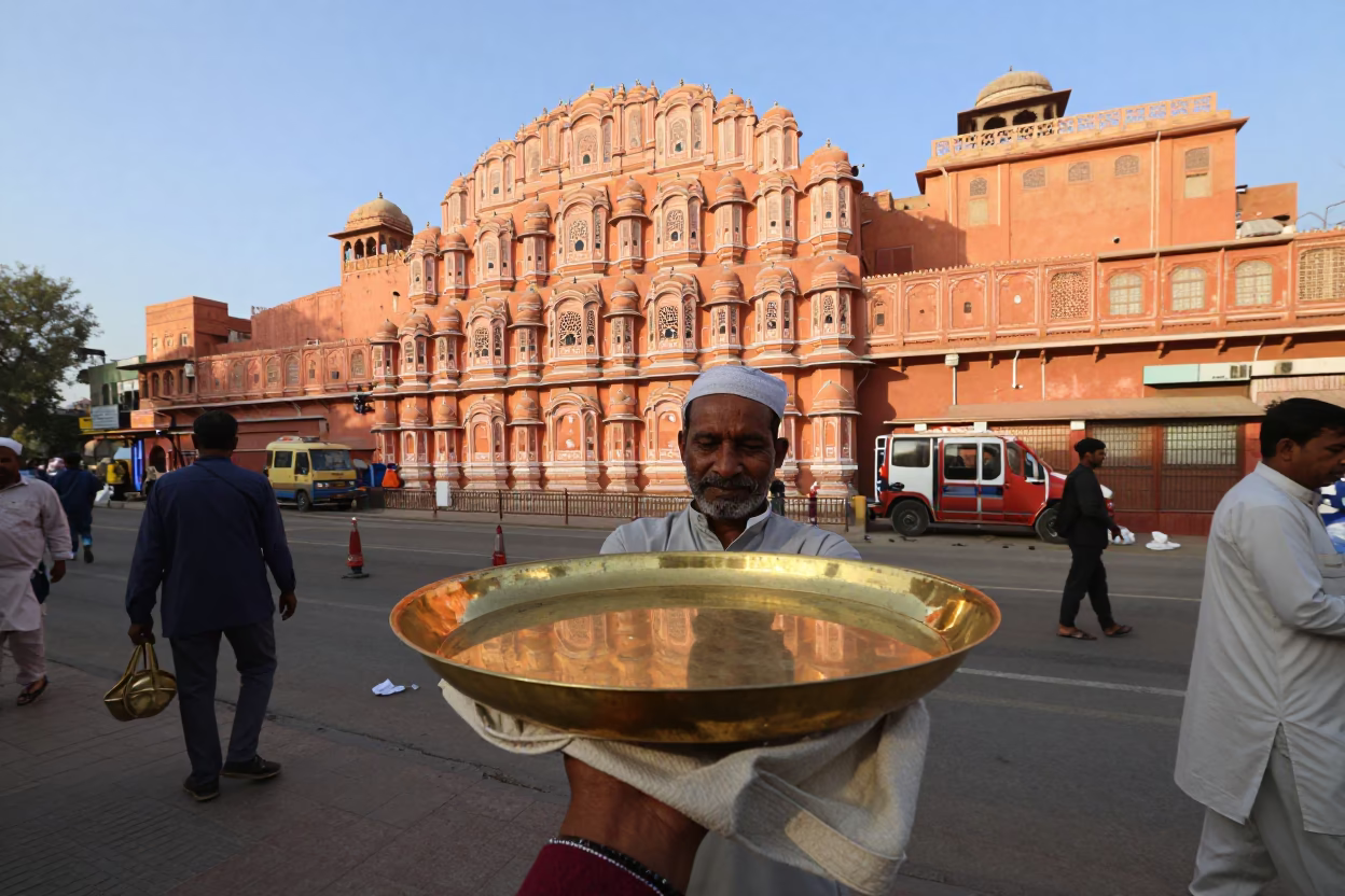 Jaipur India Late Afternoon Street Scene with Brass Tray and Ladle in in Jaipur, India