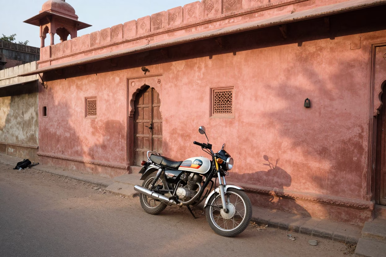 Jaipur India Late Afternoon Street Scene with Motorcycle and Padlock in in Jaipur, India