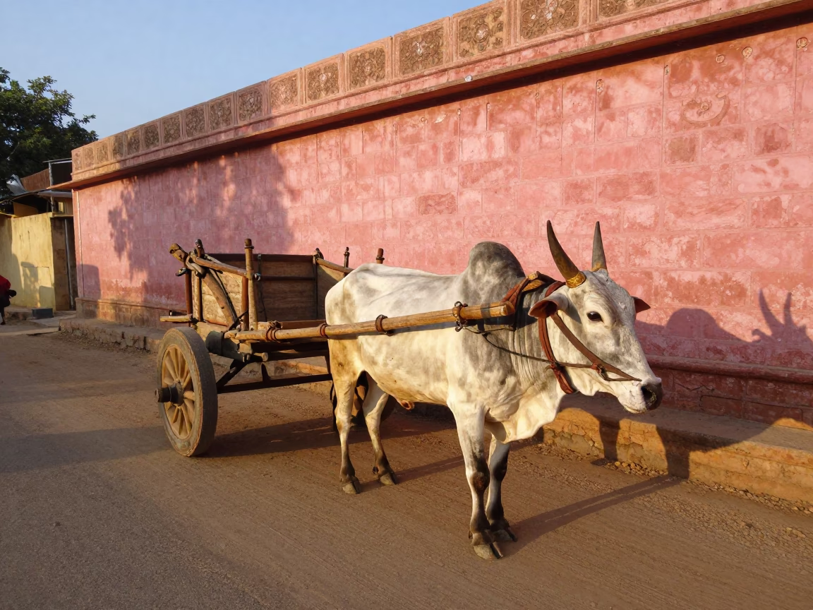 Jaipur India Late Afternoon Street Scene with Ox Cart and Dusty Road in in Jaipur, India