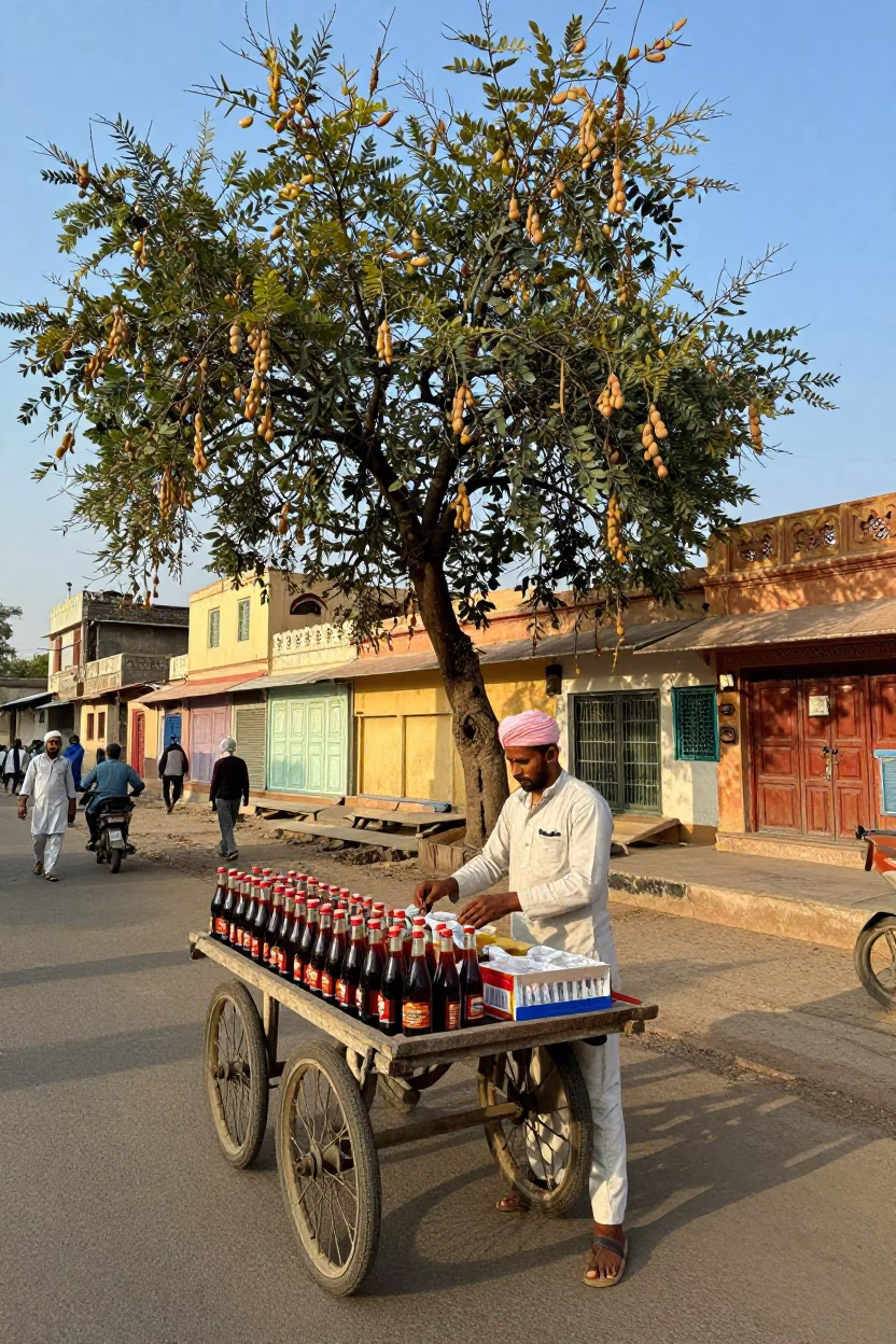 Jaipur India Late Afternoon Street Scene With Tamarind Tree And Local Vendor in in Jaipur, India