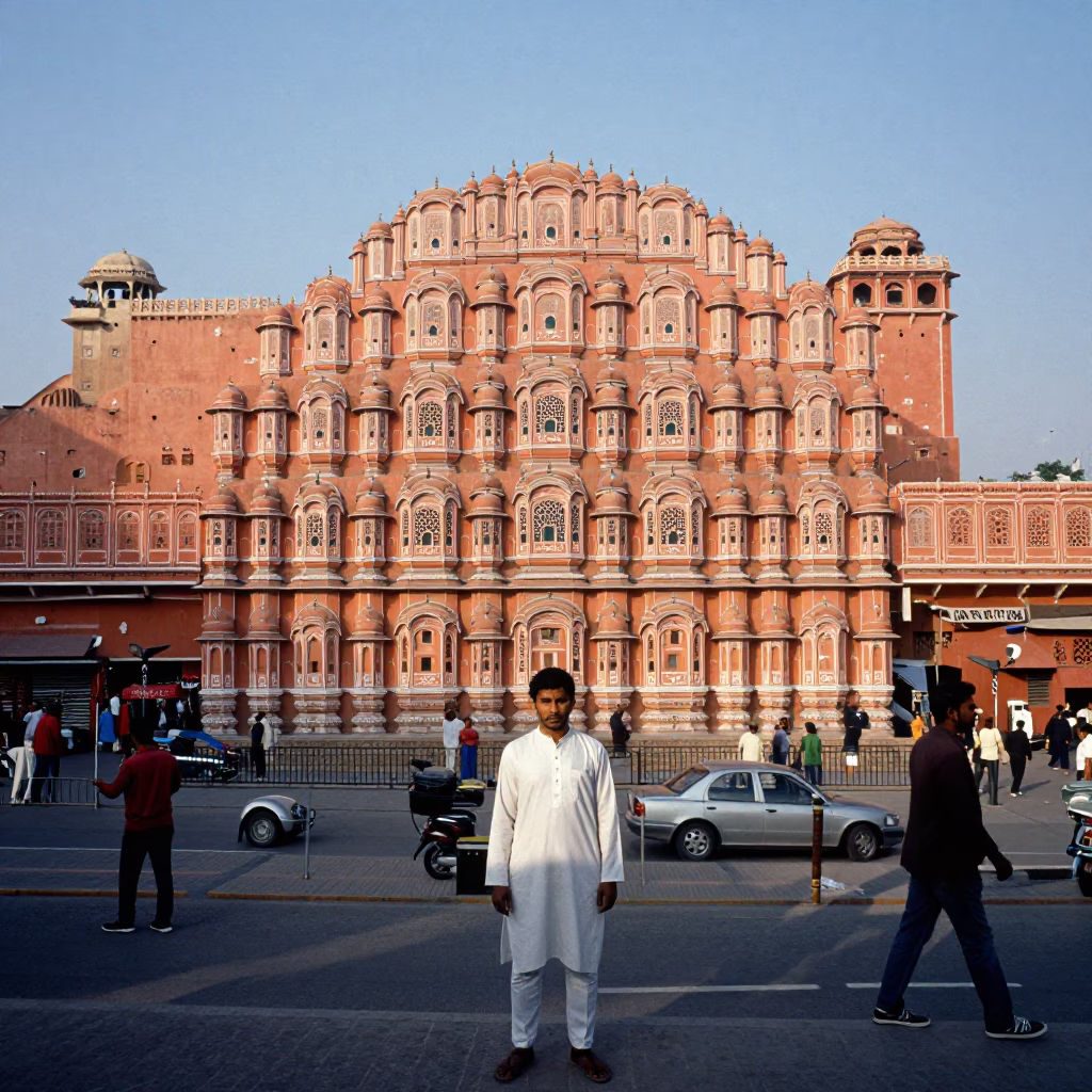 Jaipur India Late Afternoon Street Scene with Traditional Attire and Local Commerce in in Jaipur, India