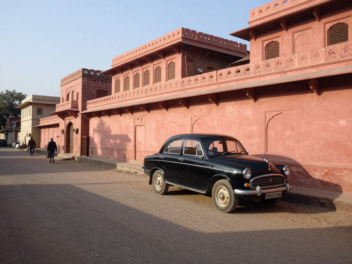 Jaipur India Late Afternoon Street Scene with Vintage Car and Local Pedestrians in in Jaipur, India