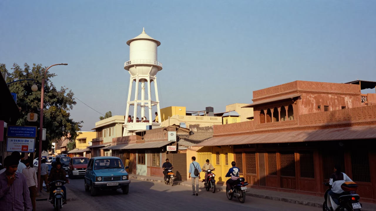 Jaipur India Late Afternoon Street Scene with Water Tower and Local Market Activity in in Jaipur, India